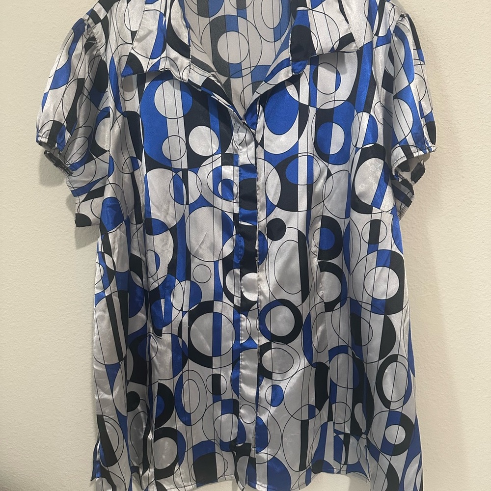 Cato Blue Graphic Boxy Blouse with Notched Collar